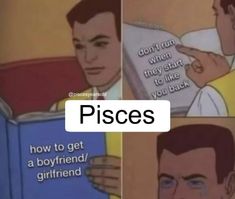 three different pictures of a man reading a book and pointing to the page that says pieces how to get a boyfriend / girlfriend?