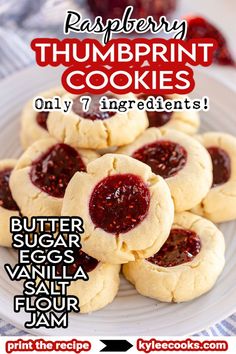 raspberry thumbprint cookies on a plate with text overlay that reads, butter sugar vegan vanilla flavor jelly jam