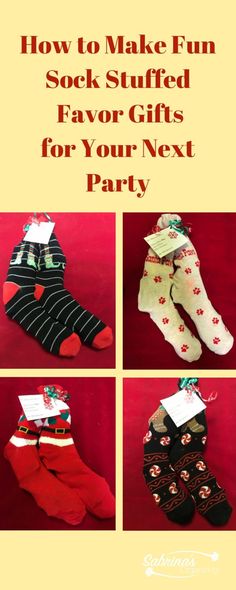 How to Make Fun Sock Stuffed Favor Gifts for Your Next Party Sock Stocking Gift Ideas, Christmas Socks Exchange Ideas, Gifts To Put In Christmas Socks, Sock Stuffing Ideas Christmas, Christmas Sock Party Ideas, Stuffed Socks Gift Exchange Ideas, How To Gift Socks For Christmas, Sock Party Exchange Ideas, Fill A Sock Gift Exchange Ideas