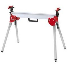 a red and white work bench with two legs