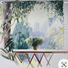 a drawing of a window with plants on the outside and trees in the back ground