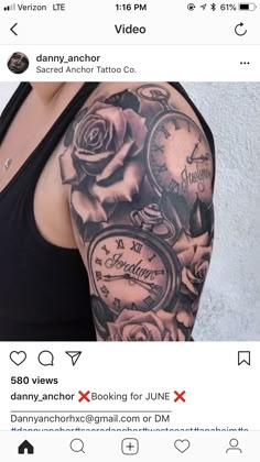 a woman with a tattoo on her arm and clock in the middle of her arm