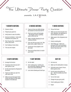 the ultimate dinner party checklist for la cremena, which includes two different meals