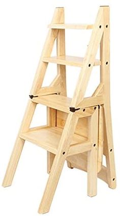 a wooden step stool with two steps on each side