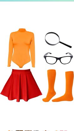 a woman's outfit with glasses, socks and knee high socks is shown in this image