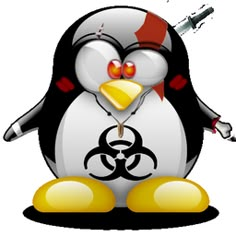 a cartoon penguin with a biohazard sign on its chest and eyes, standing in front of a white background