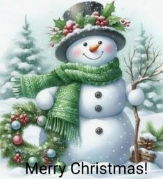 a snowman wearing a green scarf and hat with holly wreath around it's neck