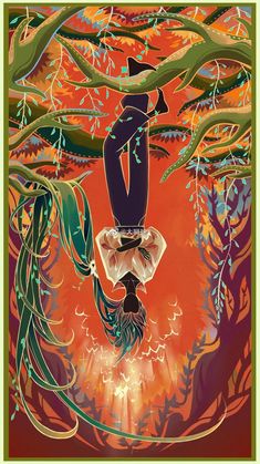 a painting of a person hanging upside down in the air with trees and leaves around them