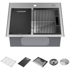 a stainless steel kitchen sink and accessories including a drainer, strainer, grate and cover