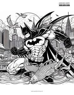 batman and koi fish in the water with city skylines behind them coloring page