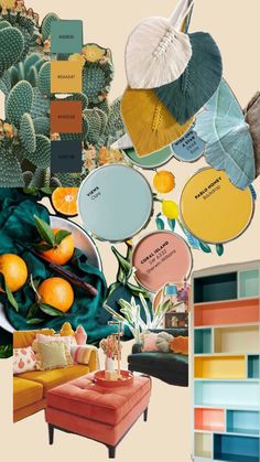 a collage of color swatches with oranges, green and yellow accents in the background