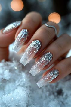 Nails White Silver Glitter, Long Acrylic Nails Coffin Glitter Sparkle, Simple Glitter Nails Acrylic, Waterfall Nail Designs Glitter, Platinum Nails Acrylic, White Nail Art Designs Glitter, Silver Glitter And White Nails, White Glitter Acrylics, Fancy Silver Nails