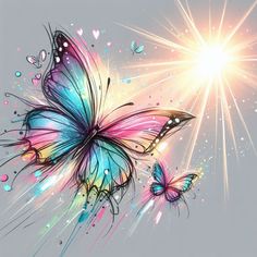 two colorful butterflies flying in the sky with bright light behind them and sparkling stars above