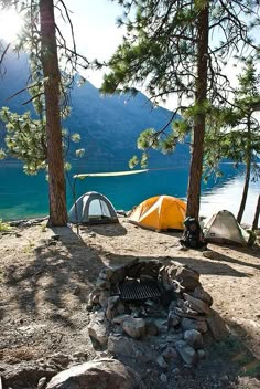 there are many tents set up by the water with trees and rocks in front of them