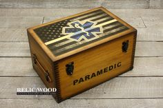 a wooden box with an american flag and the words paramedic on it