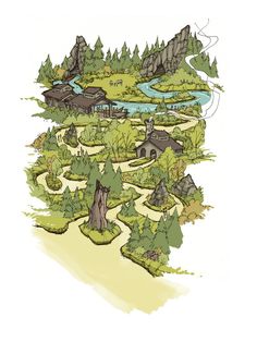 a drawing of a small town surrounded by trees