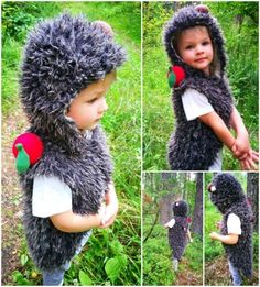 a collage of photos shows a child wearing a furry animal costume