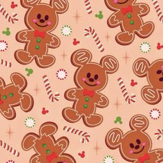 an image of a christmas pattern with gingerbread bears and candy canes on pink background