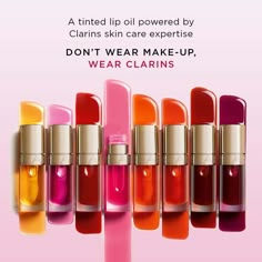 A tinted lip oil powered by Clarins skin care expertise. Don't wear make-up, wear Clarins. Clarins Lip Oil Strawberry, Clarins Lip Oil Swatch, Clarins Paris, Clarins Lip Oil, Plum Lips, Plump Lips, Lip Glosses, Rose Oil