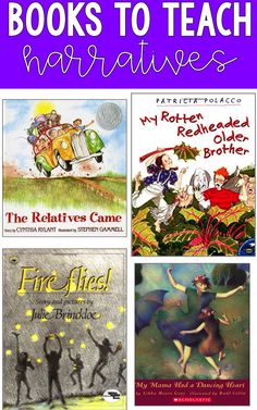 four children's books with text overlaying them that reads, books to teach narratives