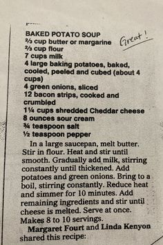 the recipe for baked potato soup is shown in black and white text on a piece of paper