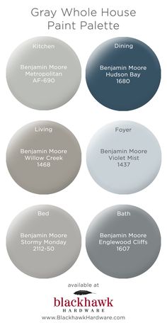 some gray paint colors with the names of different paints on them and text that reads gray whole house paint palettes