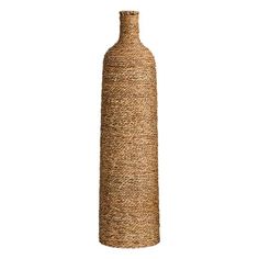 a tall vase made out of jute on a white background, with the top half turned down