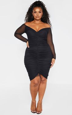 Black Ruched Midi Dress, Plus Zise, Sukienki Plus Size, Midi Size