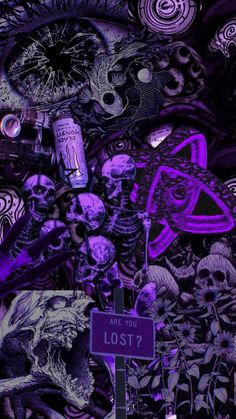 a purple and black background with skulls, bones, and other things on it that are all over the place