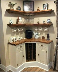 a corner coffee / wine bar with built in shelves