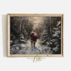 a painting of santa claus walking through the woods with his sack on his back, in front of a white background