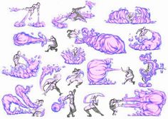 an image of some people doing different things in purple and blue ink on white paper