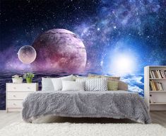 an image of a bedroom with planets and stars in the night sky wallpaper mural