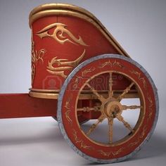 an old fashioned red and gold carriage with wheels on a gray background, 3d rendering