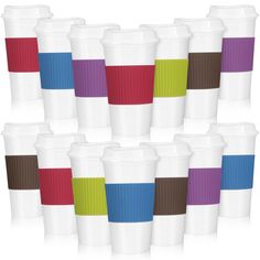 many different colored cups are lined up together