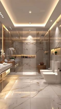 a large bathroom with marble floors and walls