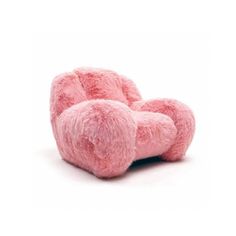 a pink fuzzy chair sitting on top of a white floor