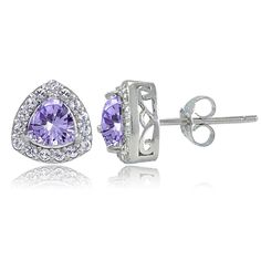 These attractive stud earrings showcase amethyst trillion-cut stones surrounded by small white topaz stones. The earrings are crafted of sterling silver and secured by post with friction backs. Product Details Metal Type sterling-silver Metal Stamp 925-sterling Weight 2GR Length 8.6MM Width 8.6MM Back Finding post-with-friction-back Stone Details Gem Type amethyst Number of Stones 2 Stone Color violet Stone Shape triangle-shape Total Weight 0.7 Setting Type prongs Stone Creation Method natural S White Gold Earrings Studs, White Pearl Earring, Womens Earrings Studs, Square Earrings Studs, Small Earrings Studs, Cz Stud Earrings, Topaz Stone, White Earrings, Triangle Shape