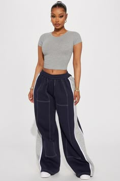 Available In Navy/combo. Fleece Pant Mid Rise Elastic Waistband Wide Leg Contrast Stitch Side Stripe Stretch 60% Cotton 40% Polyester Imported | Jackie Lounge Pant in Navy Blue size 2X by Fashion Nova Style For Short Women, 90’s Outfits, Sheer Clothing, Fashion Nova Outfits, Outfit Layout, African Fashion Modern, Causal Outfits, Ribbed Shorts, Outfit Goals