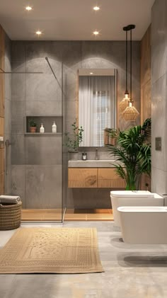 a bathroom with a bathtub, sink and shower in the middle of the room