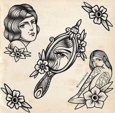 an old school tattoo design with flowers and woman's face looking in the mirror