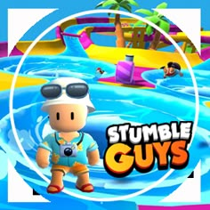 an image of a cartoon character with sunglasses and a camera in front of a water slide