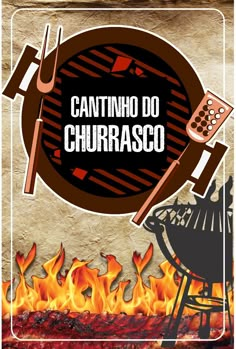 an advertisement for a bbq restaurant with flames and grilling utensils on it