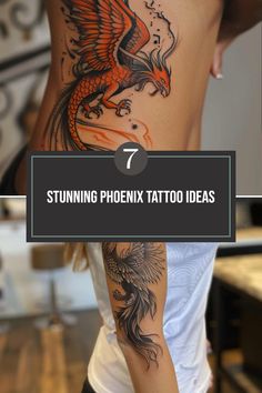 a woman's back with tattoos on it and the words stunning phenix tattoo ideas