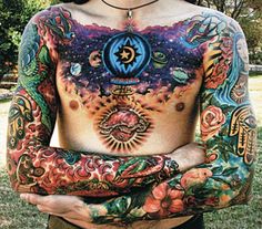 a man with lots of tattoos on his chest and arms is sitting in the grass