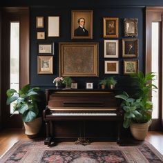 there is a piano in the room with many pictures on the wall and plants next to it