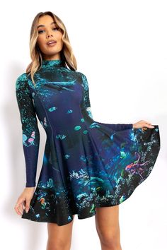 Night Swimming Long Sleeve Evil Mini Skater Dress - 7 DAY UNLIMITED ($109AUD) by BlackMilk Clothing Ocean Dress, Mixed Media Dress, Black Skater Skirts, Dresses Xxl, Mini Skater Dress, Strappy Dresses