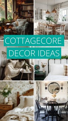 collage of cottage decor ideas including chairs, tables and couches with text overlay