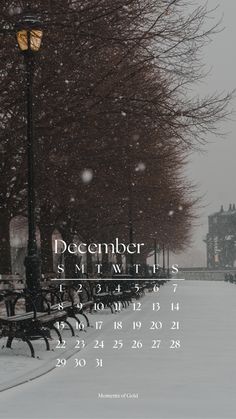 an image of a calendar with snow falling on the ground and trees in the background