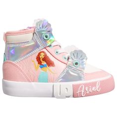 Watch your little girlies follow the ‘tailfins’ of their favorite Disney princess, Ariel, and go under the sea in the Ground Up Little Mermaid. Fitted with white hex mesh, pink heather jersey, and iridescent PU of shells, these high-top sneakers let your girls shine bright wherever they go. Sporting a synthetic light tan matte character artwork on the side with an extruded art of Ariel’s name in an elegant cursive font, the Ground Up Little Mermaid lets your sweet girls forget about their troubl Colorful Seashells, Elegant Cursive Fonts, Favorite Disney Princess, Disney Sneakers, Pink Pages, Character Artwork, Disney Princess Ariel, Princess Ariel, Cursive Font